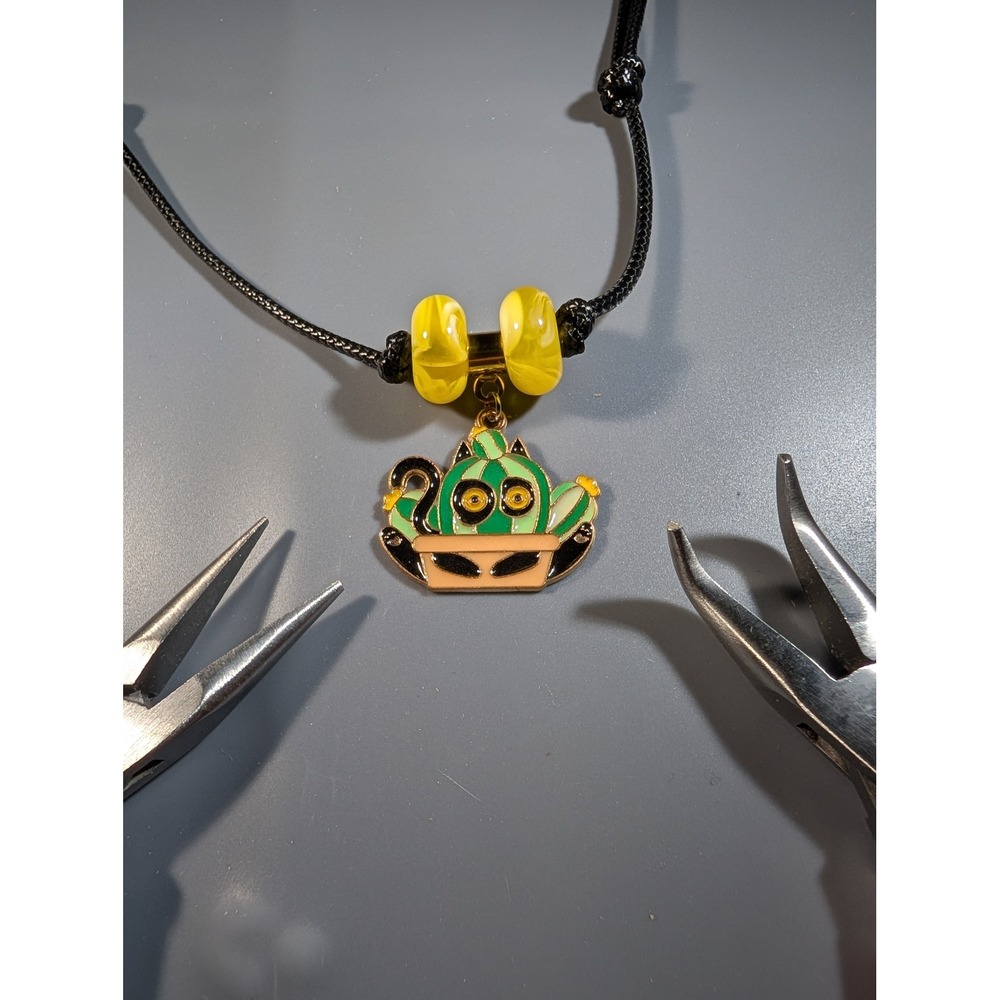 Cactus Cat Enamel Pendant Necklace Adjustable Cord Yellow Glass Beads Handmade